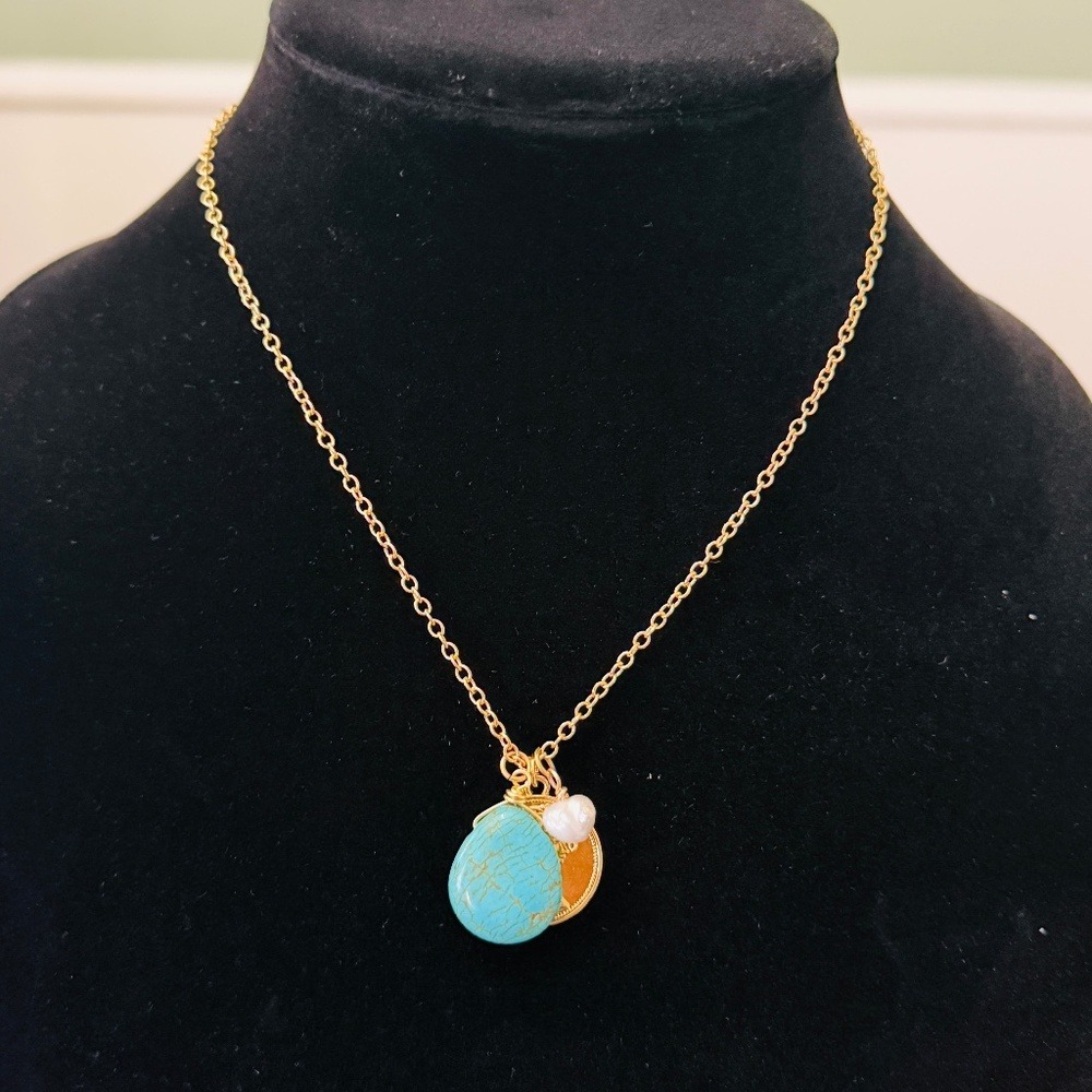 Mayamar 24k Gold Necklace W Turquoise Coin Pearl Charms Boho Luxe 48$